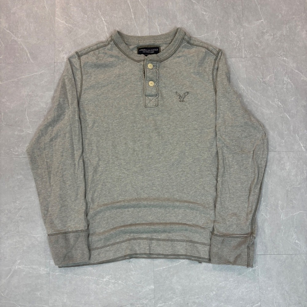 American Eagle Outfitters Mens XL Gray Long Sleeve Henley Shirt Eagle Logo 2782